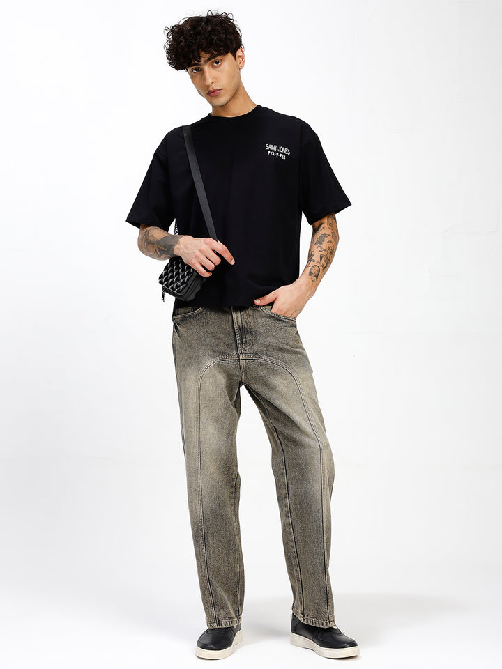 Men's Black  Oversized Graphic Print Crew Neck T-Shirt