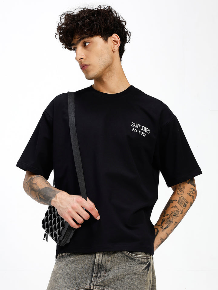 Men's Black  Oversized Graphic Print Crew Neck T-Shirt