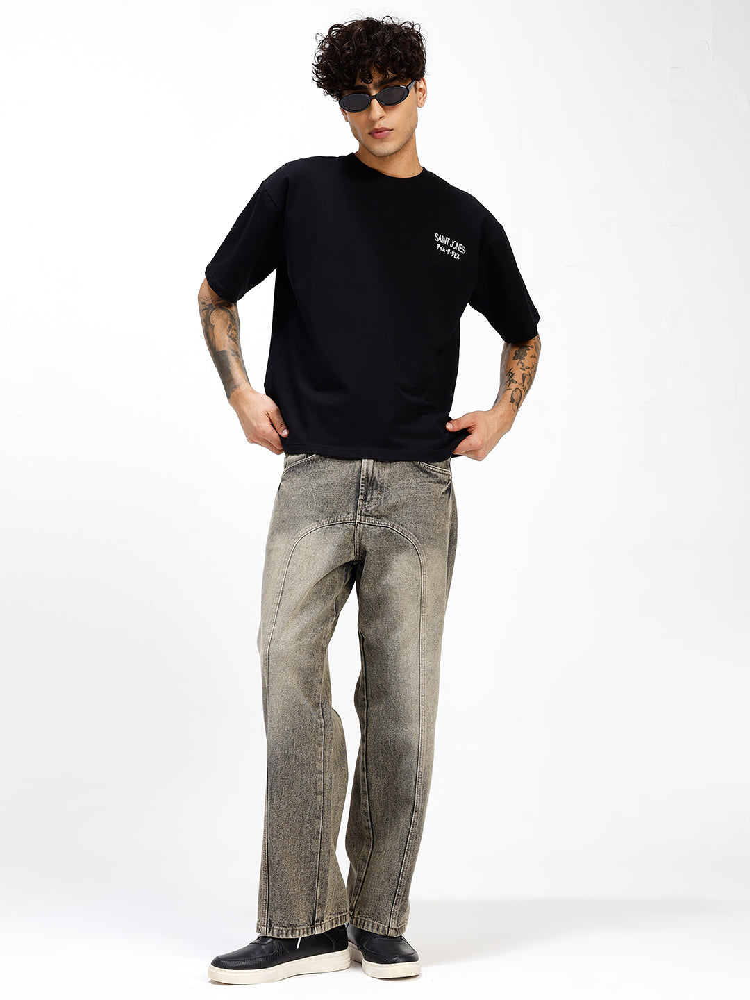 Men's Grey Acid Wash Relaxed Fit Denim Jeans