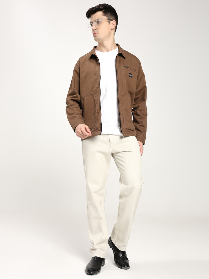 Men's Brown Zip-Up Casual Jacket