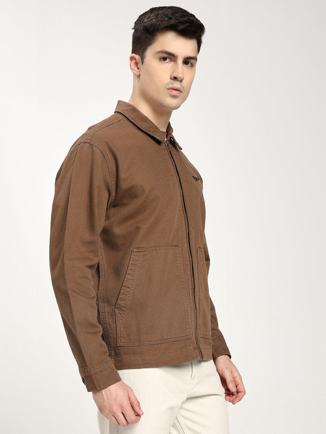 Men's Brown Zip-Up Casual Jacket
