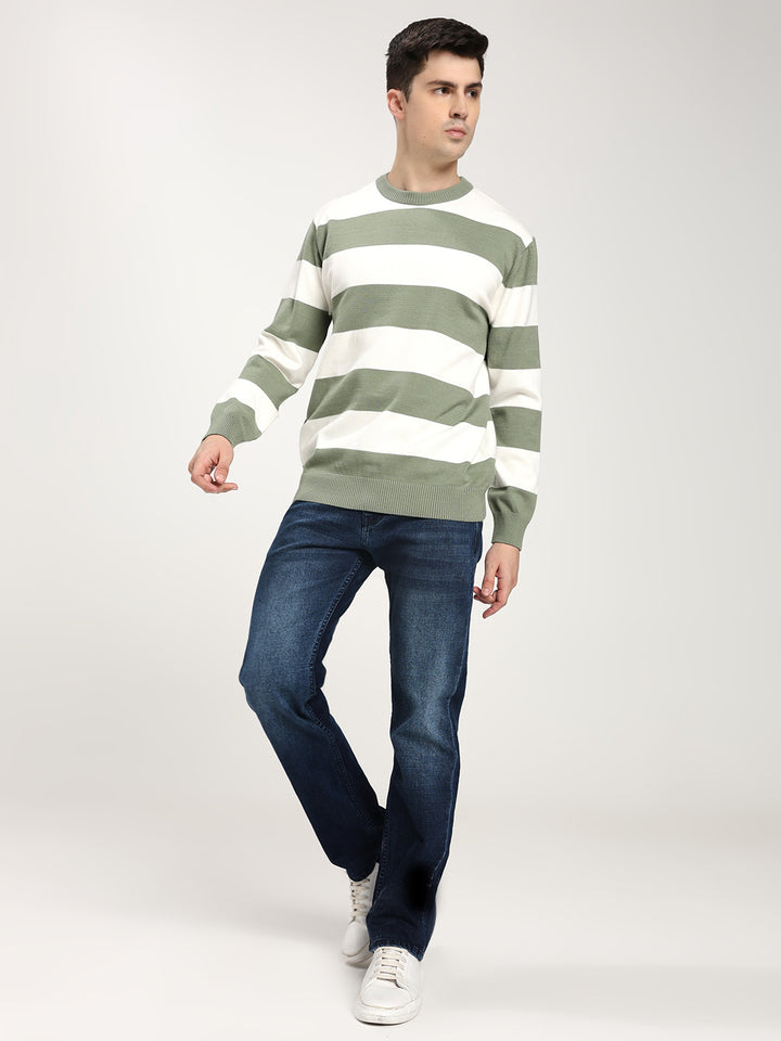 Men’s Green & White Striped Crewneck Sweater