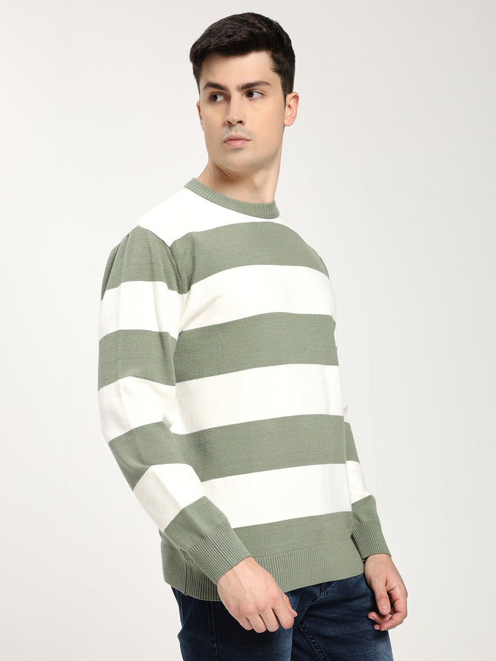 Men’s Green & White Striped Crewneck Sweater