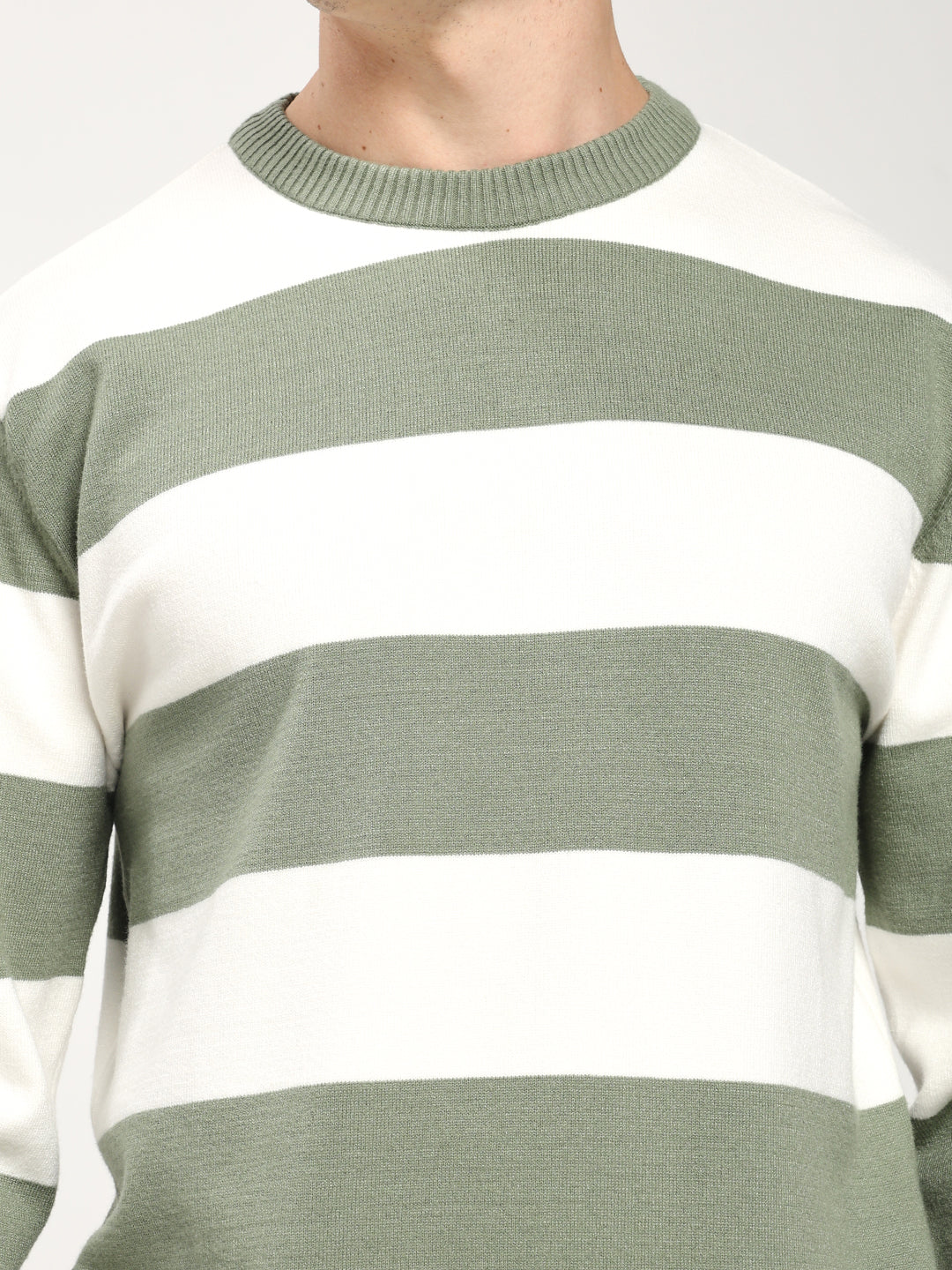 Men’s Green & White Striped Crewneck Sweater