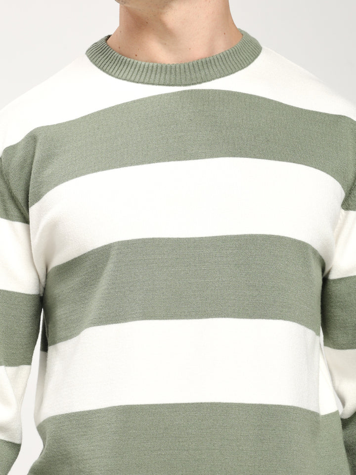 Men’s Green & White Striped Crewneck Sweater