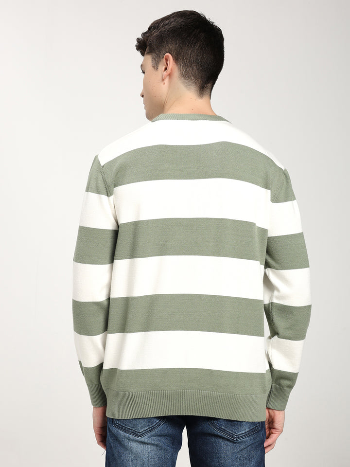 Men’s Green & White Striped Crewneck Sweater