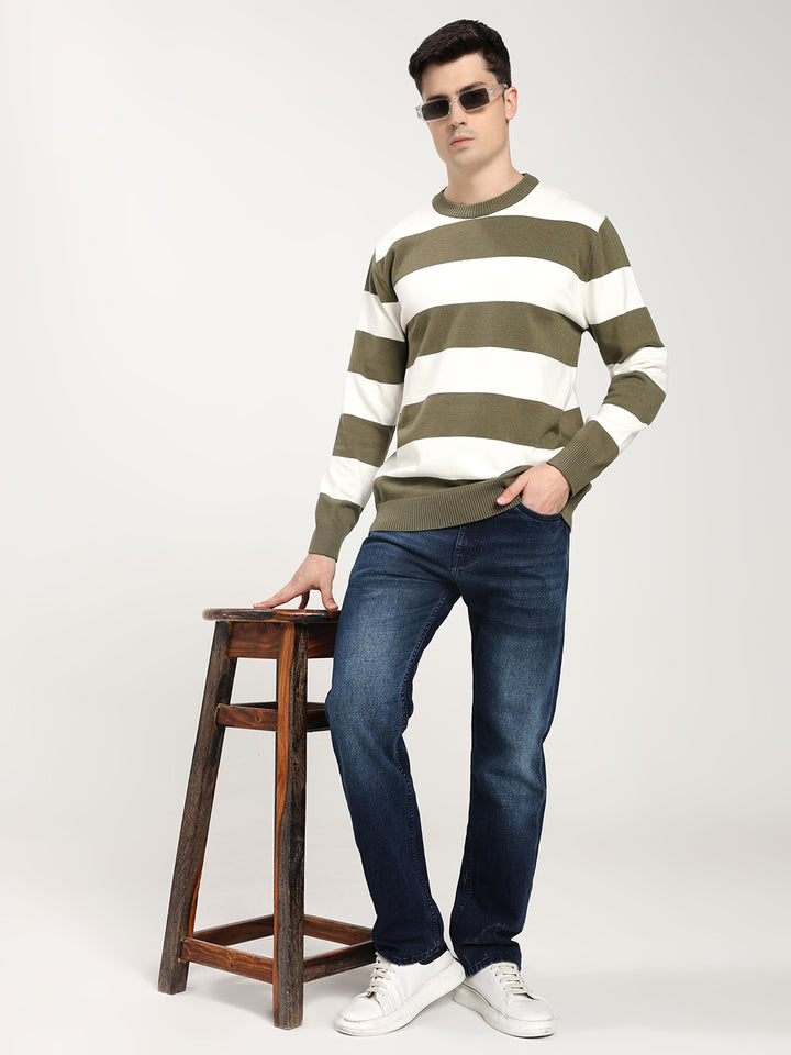 Men’s Olive & White Striped Crewneck Sweater