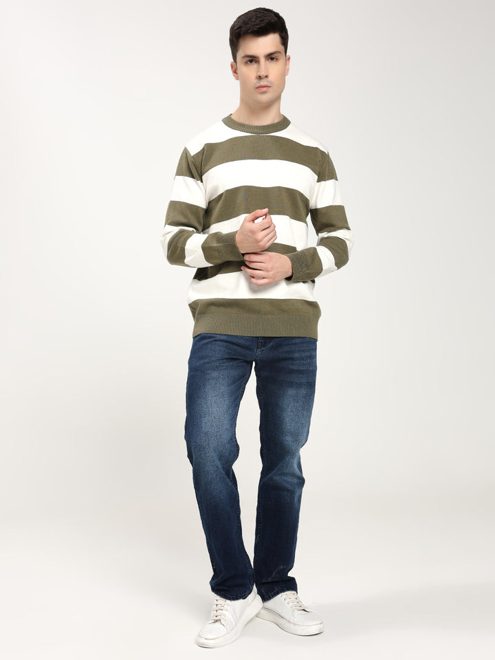 Men’s Olive & White Striped Crewneck Sweater