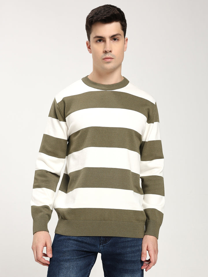 Men’s Olive & White Striped Crewneck Sweater