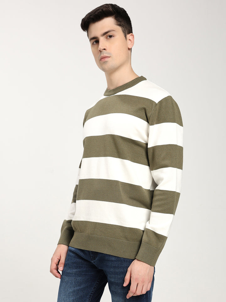 Men’s Olive & White Striped Crewneck Sweater