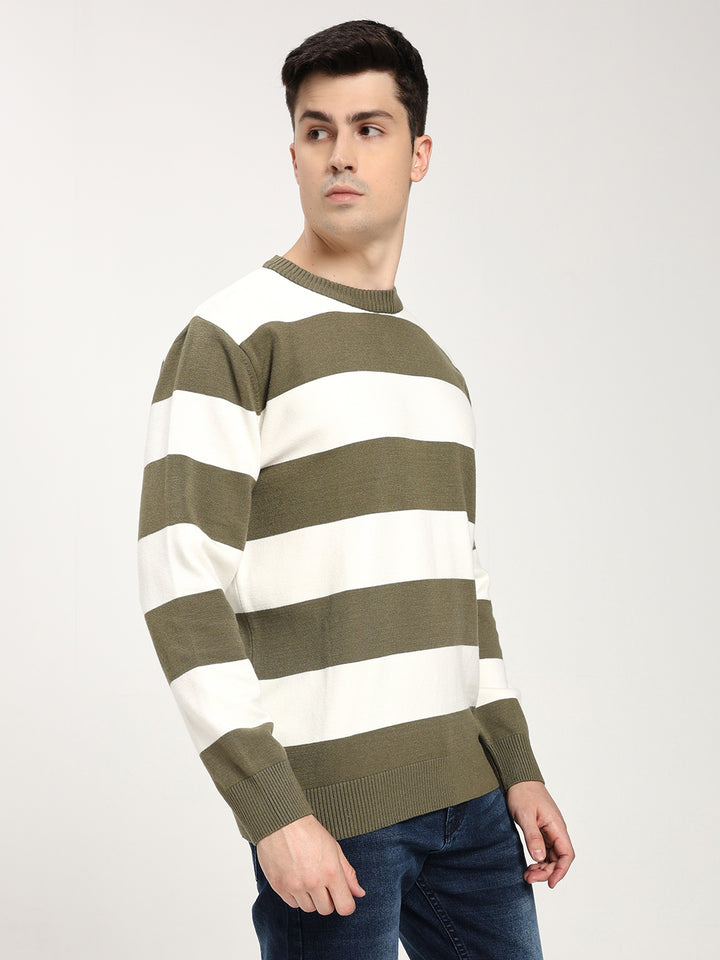 Men’s Olive & White Striped Crewneck Sweater