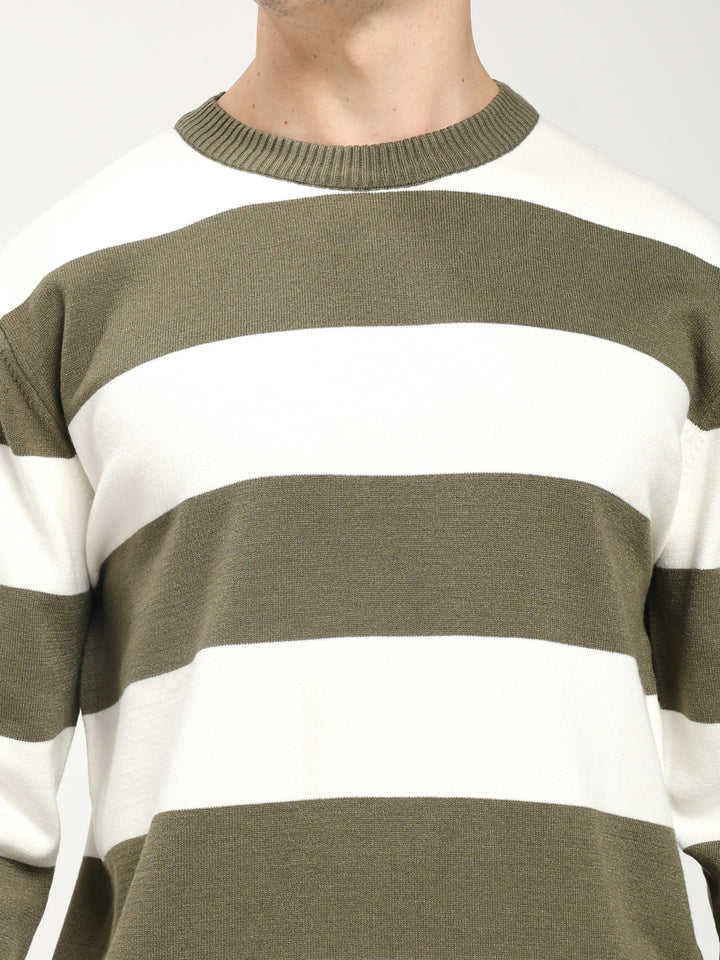 Men’s Olive & White Striped Crewneck Sweater
