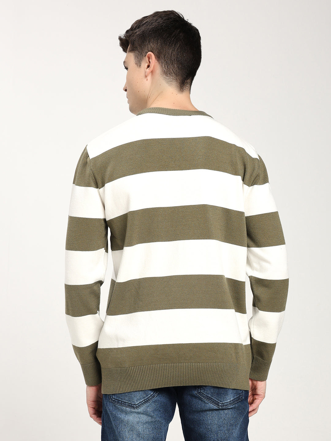 Men’s Olive & White Striped Crewneck Sweater