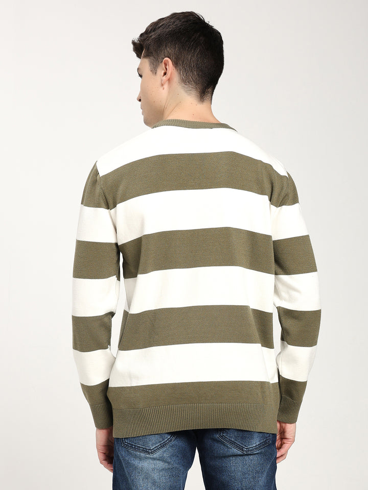 Men’s Olive & White Striped Crewneck Sweater