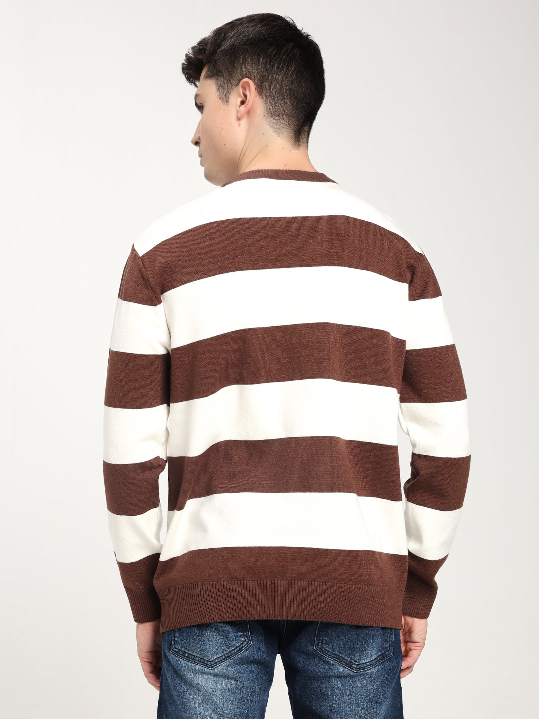 Men’s Brown & White Striped Crewneck Sweater