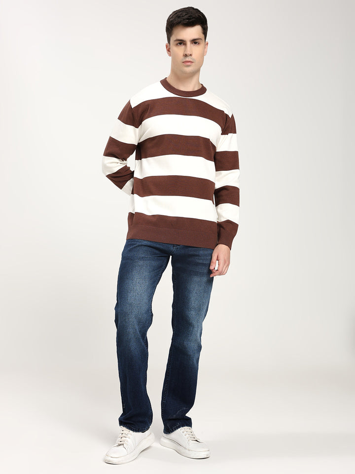 Men’s Brown & White Striped Crewneck Sweater