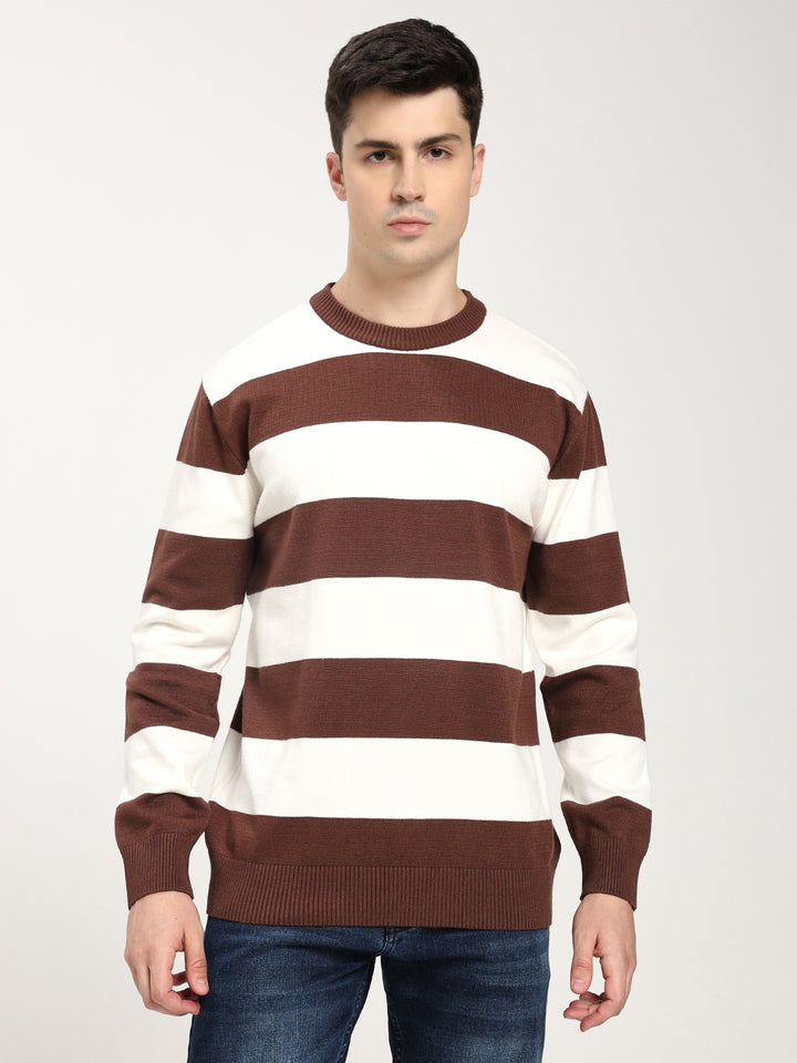 Men’s Brown & White Striped Crewneck Sweater