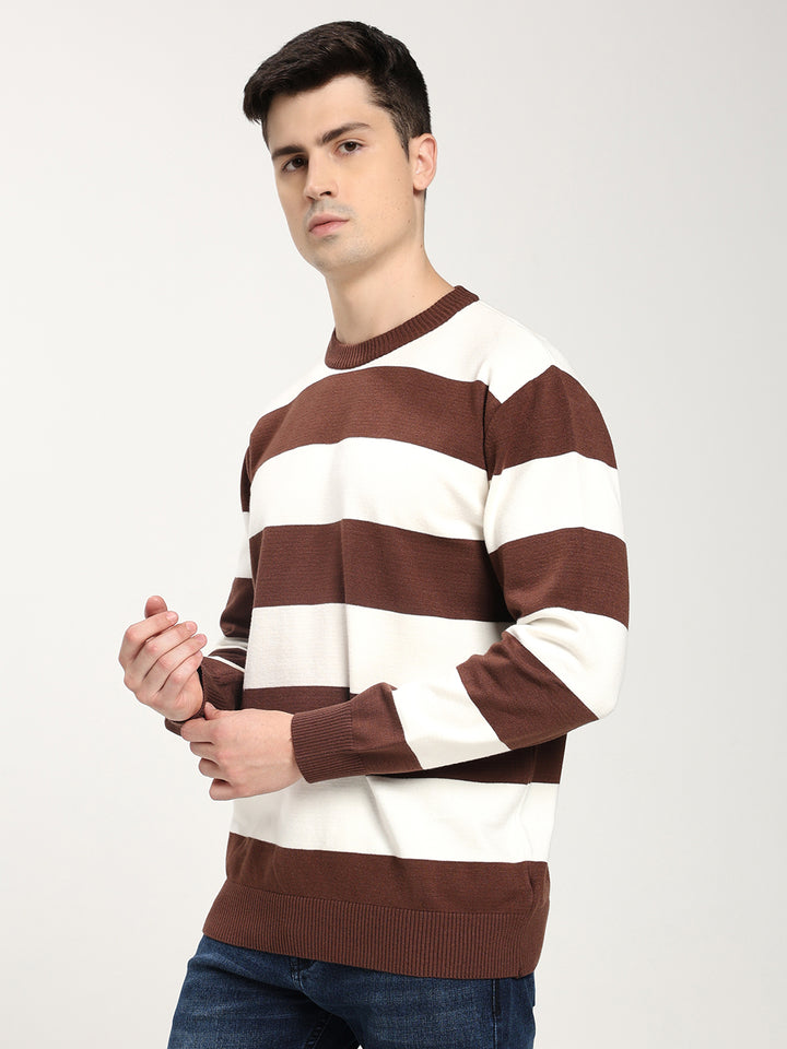 Men’s Brown & White Striped Crewneck Sweater