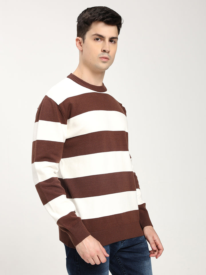 Men’s Brown & White Striped Crewneck Sweater