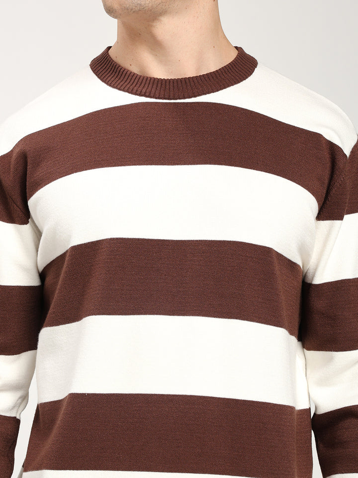 Men’s Brown & White Striped Crewneck Sweater