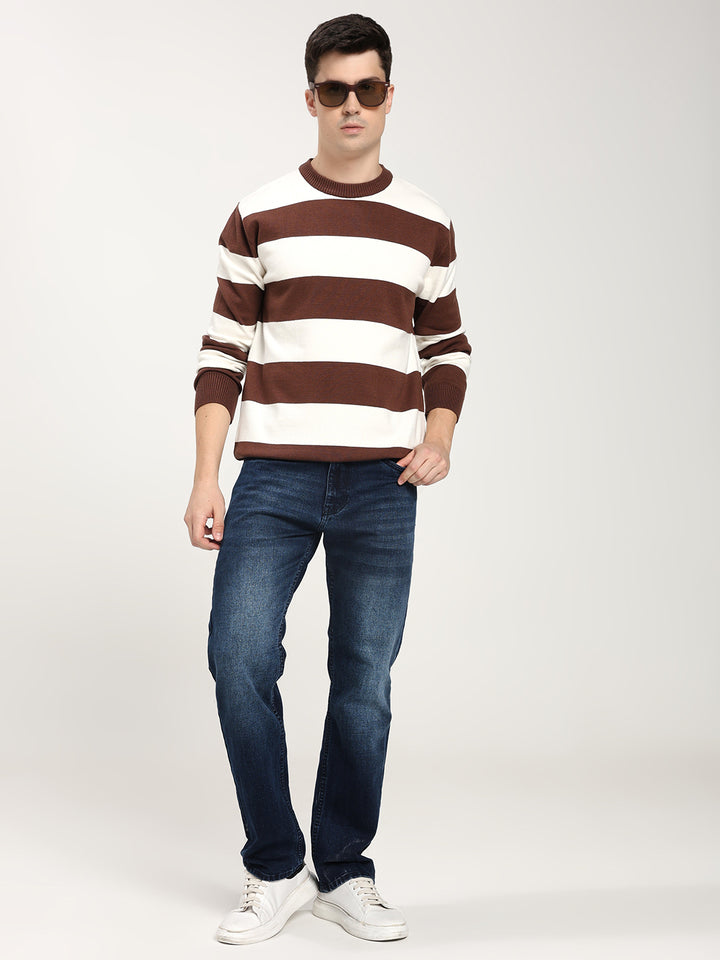 Men’s Brown & White Striped Crewneck Sweater