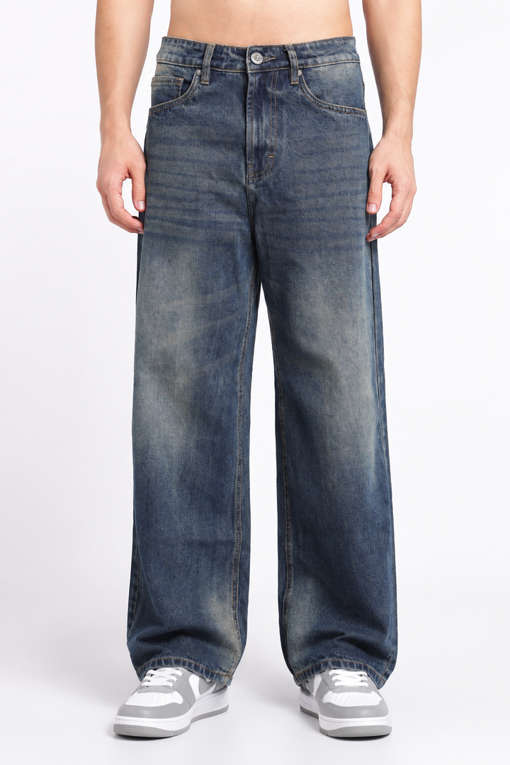 Men's Washed Brown Blue Baggy Jeans