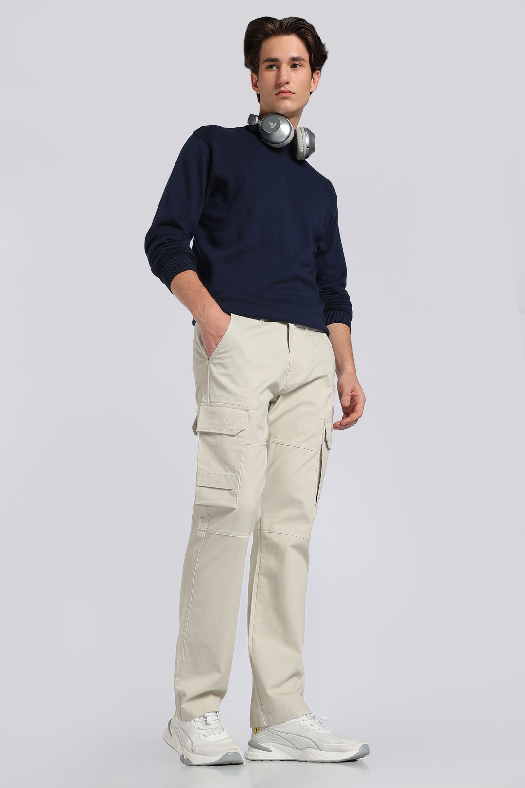 Men's Cream Casual Cargo Pant