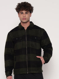 MEN'S GREEN BLACK ZIPPER DROP SHOULDER SHACKETS