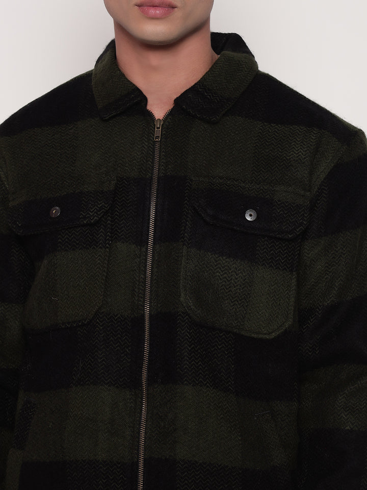 GREEN BLACK ZIPPER DROP SHOULDER SHACKETS