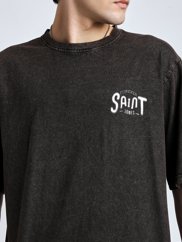 Street style drop shoulder brown wash Tshirt