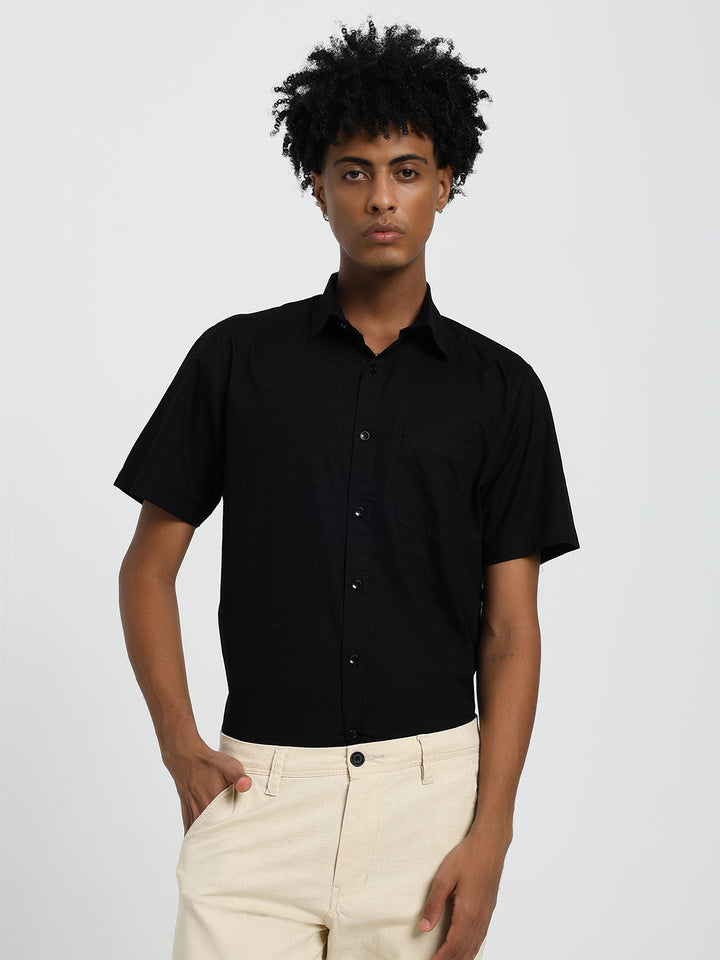 Linen blend black half sleeve shirt