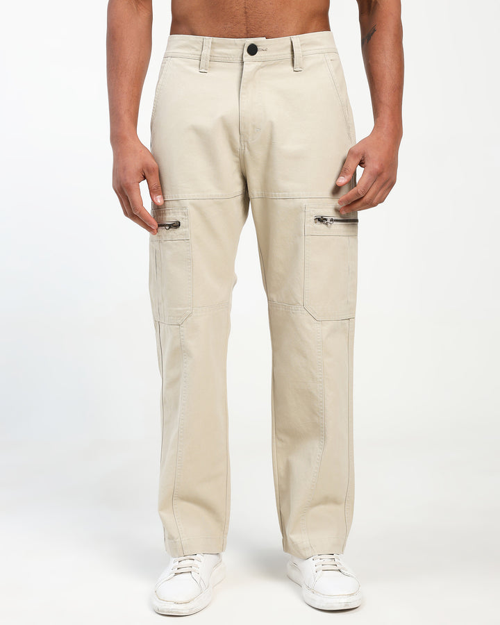 Men’s Light Beige Cargo Pants with Zip Pocket Detail