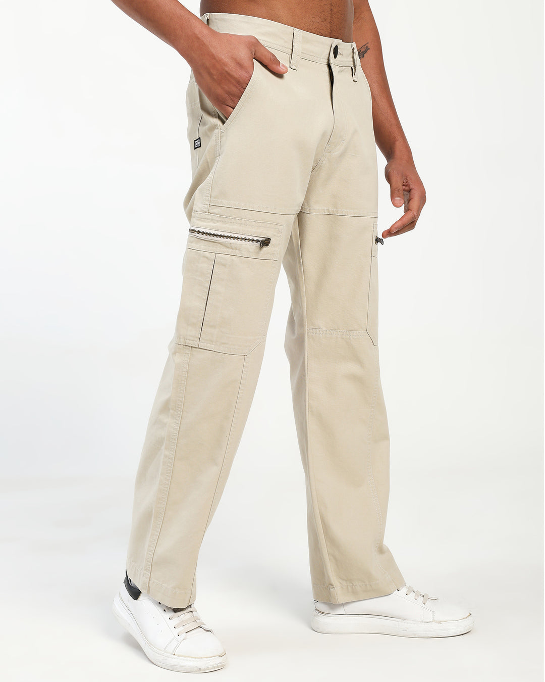 Men’s Light Beige Cargo Pants with Zip Pocket Detail