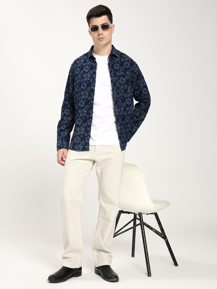 Blue Denim Patterned floral Shirt