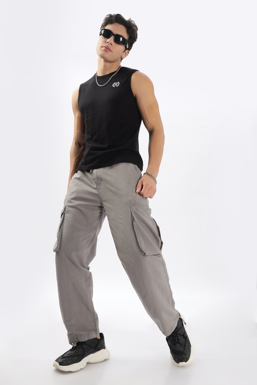 GREY LINEN CARGO PANTS