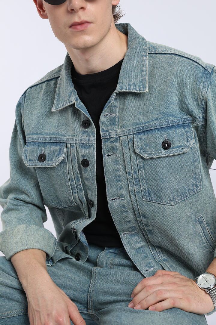 Men’s Vintage Washed Blue Denim Trucker Jacket