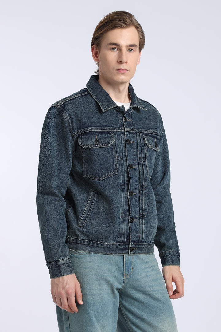 Men’s Dark Washed Blue Denim Trucker Jacket