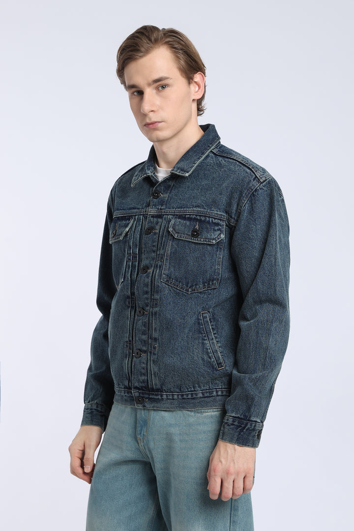 Men’s Dark Washed Blue Denim Trucker Jacket