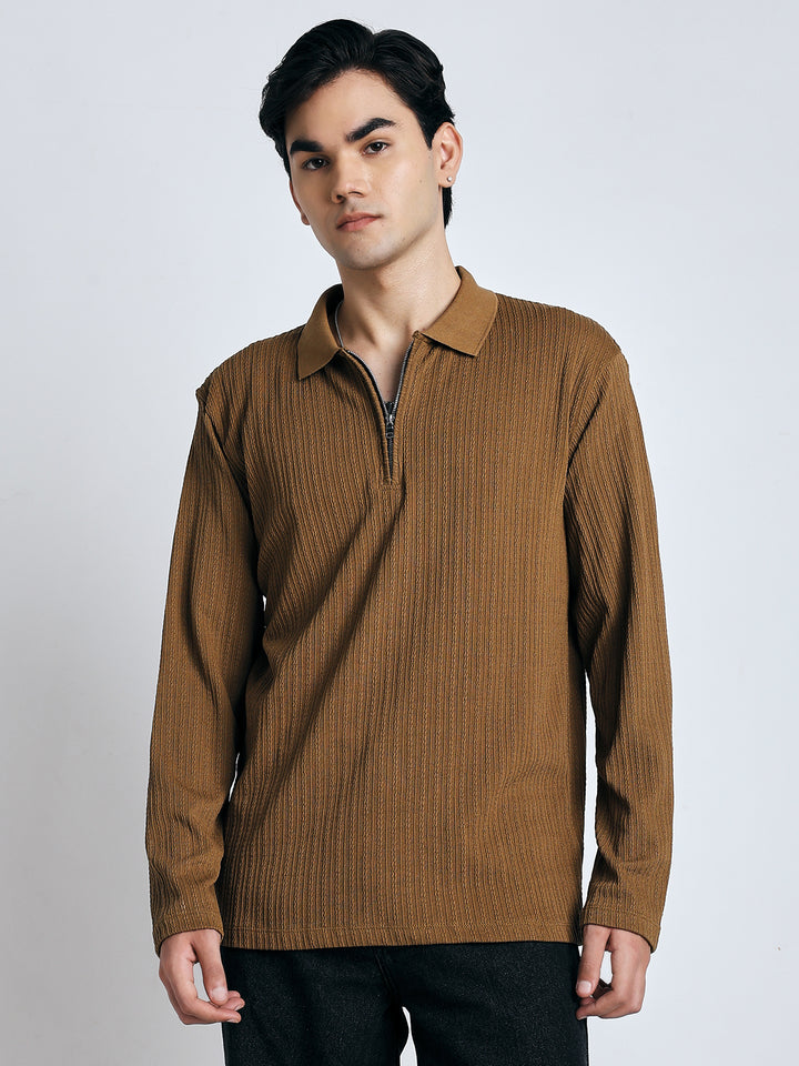 Brown front chain zipper T-shirt