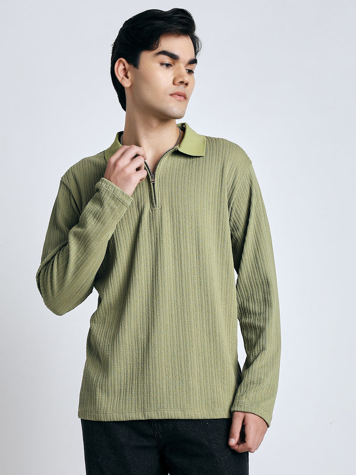 Sage green front chain zipper T-shirt