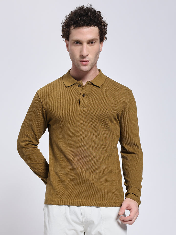 Mustard Brown Full Sleeve Polo T-Shirt