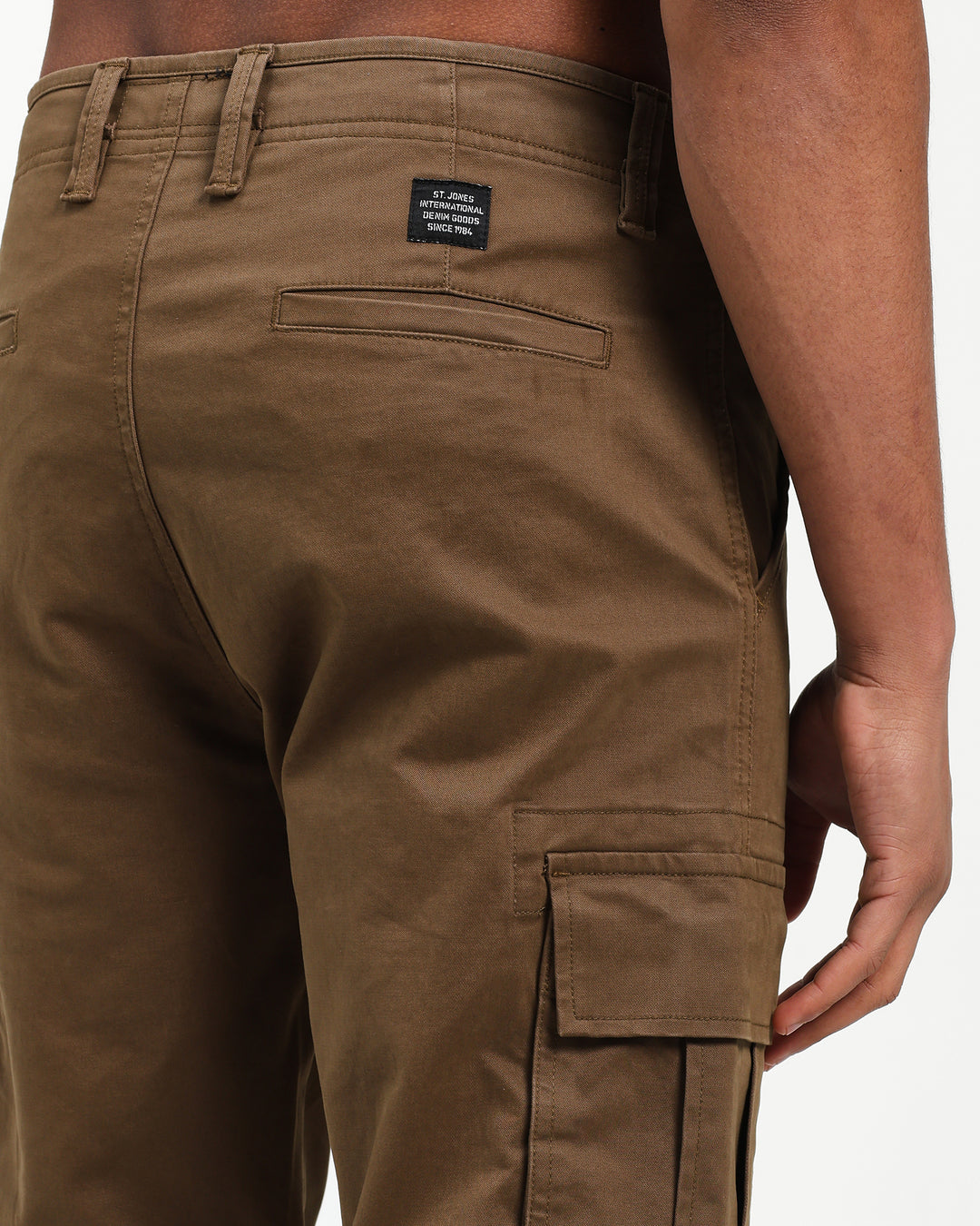Brown cargo pants with a visible brand label saint jones on a white background