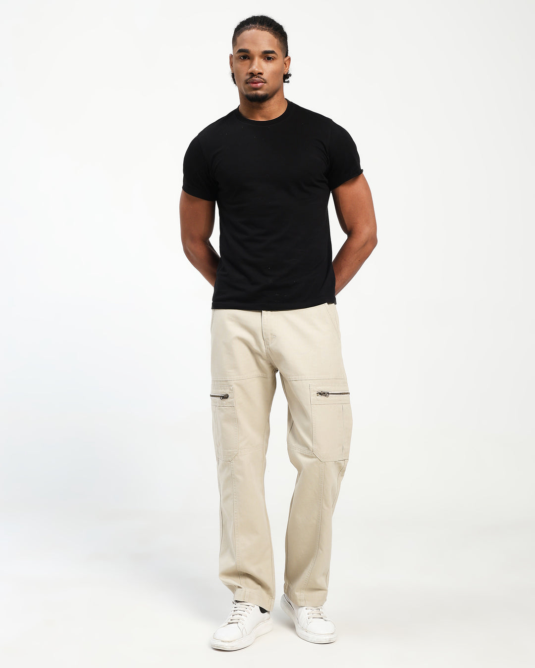 Men’s Light Beige Cargo Pants with Zip Pocket Detail