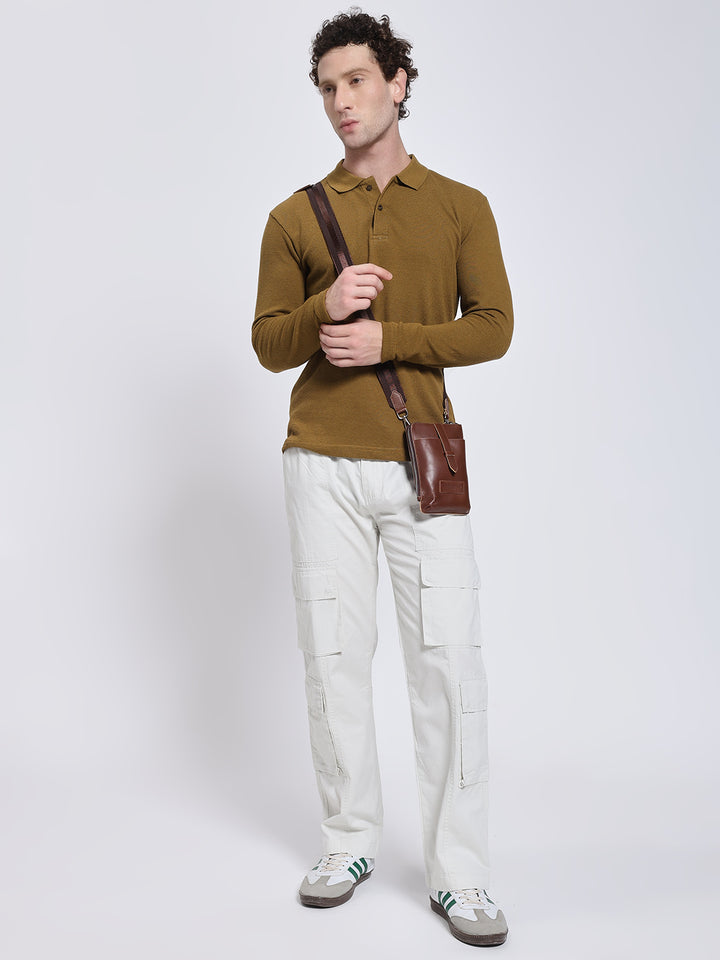 Mustard Brown Full Sleeve Polo T-Shirt
