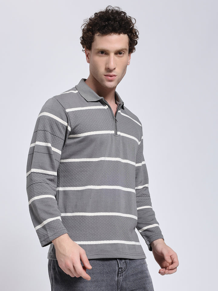 Full sleeve knitted pre-winter grey stripe T-shirt