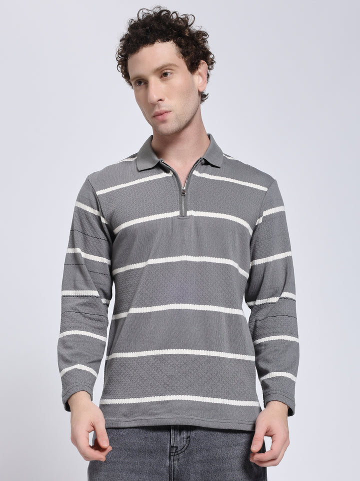 Full sleeve knitted pre-winter grey stripe T-shirt