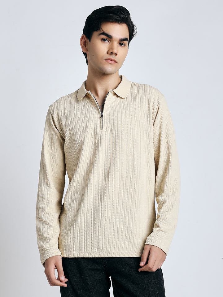 Cream front chain zipper T-shirt