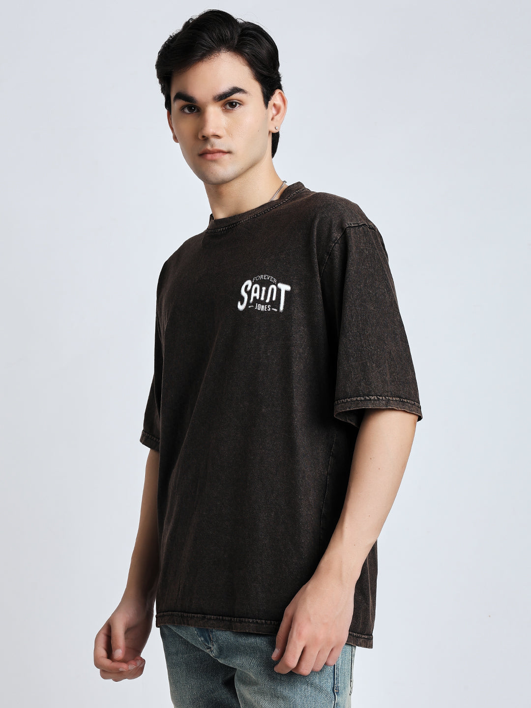 Street style drop shoulder brown wash Tshirt