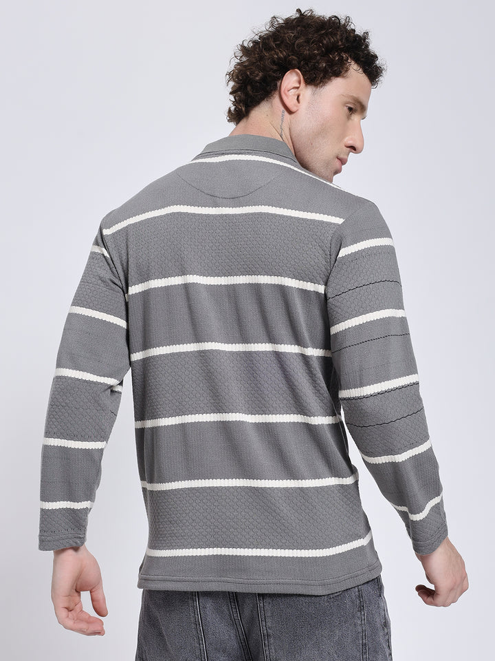 Full sleeve knitted pre-winter grey stripe T-shirt