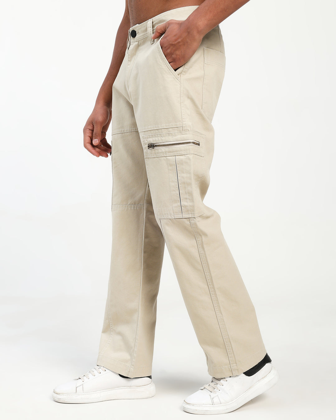 Men’s Light Beige Cargo Pants with Zip Pocket Detail